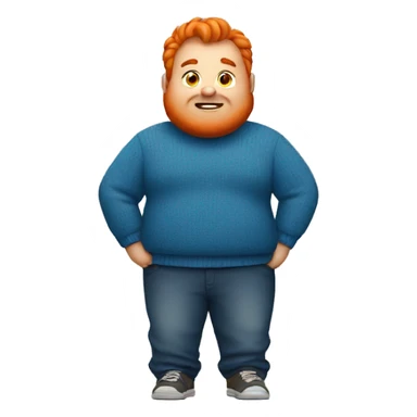 a fat man with blue sweater and orange hair sticker