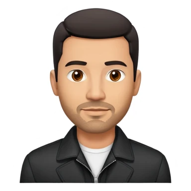 Attractive Hispanic TV host in his mid to late 40s with light brown skin, short straight black hair with pronounced fade haircut, stubble/scruff facial hair instead of full beard, square handsome face with strong jawline, friendly expression, wearing open black jacket with white buttoned shirt sticker