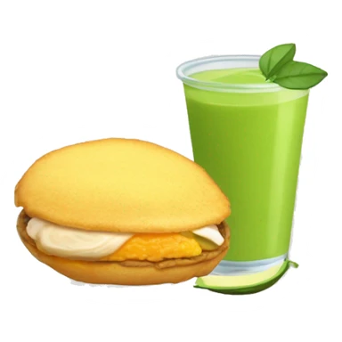 Arepa rellena de una mezcla de pollo desmechado con aguacate con un vaso de vidrio con jugo de naranja sticker