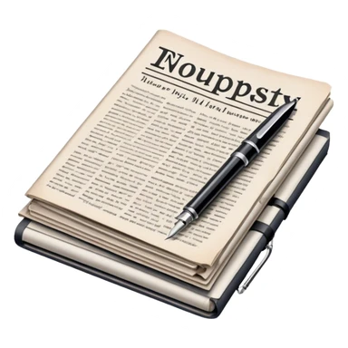 Create an emoji representing journalism and publicistic writing. The design should feature a stack of newspapers, an open notebook with visible text, and a single fountain pen placed near the notebook, symbolizing the act of writing. Use neutral, professional colors like black, white, and muted tones to convey a sense of seriousness and intellect. Do not include any emojis or smiley faces. Make the background transparent. sticker
