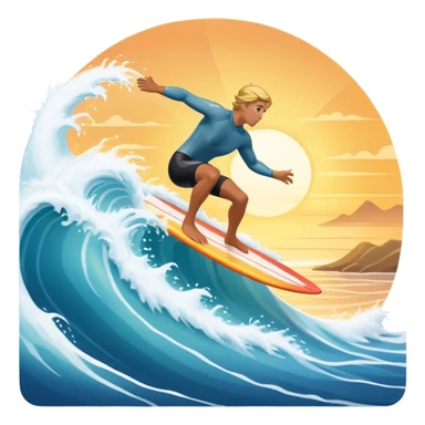 A surfer riding a large wave, skillfully balancing on their board as the ocean crashes around them. The scene captures the energy and excitement of surfing, with the sun setting in the background and the water sparkling under the light. sticker