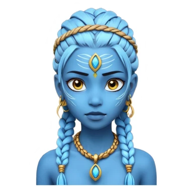 Create an icon of a Na’vi-inspired female character with glowing blue skin, braided hair, tribal forehead markings, large expressive eyes, gold earrings, and a rope necklace with a golden pendant. The expression should be calm and serious, matching the style of the movie Avatar sticker