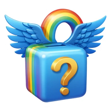 Blue cube with blue wings and has a rainbow question mark sticker