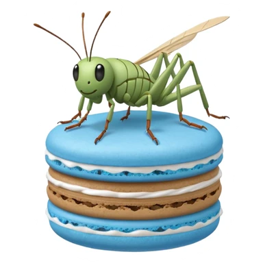 A cartoon cricket on a blue macaron with white frosting to be an icon image sticker