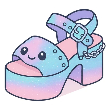 Add a holographic effect to the black-to-pastel pink gradient platform sandals with silver studs and chains, subtle glitter, kawaii style, no socks, no hearts, transparent background sticker