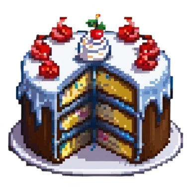 pixel art of a cake with multiple bites taken out of it sticker