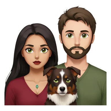Thin white guy with beard and widows peak and green eyes and large pointy nose in olive green long sleeve AND One latina girl with long beautiful dark hair and dark eyes in a dark red v neck and makeup with her black tri colored  Australian shepherd large sticker