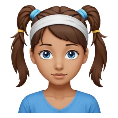 A girl with a messy ponytail, she’s tanned blue eyes and brown hair with a headband on sticker