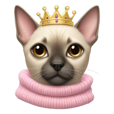 Siamese cat wearing a pink sweater and tiara hugging a light brown little dog wearing a grey sweater and crown sticker