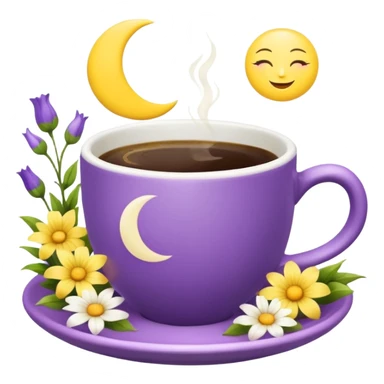 Coffee cup with a moon symbol on the cup in a garden of yellow and purple flowers  sticker