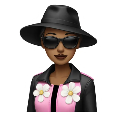  woman wearing a black hat adorned with a white flower and smaller decorative flowers. She is also wearing black sunglasses and a shiny pink jacket over a black top. She appears in a side profile pose , her head slightly tilted back. White skin sticker