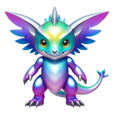 white iridescent colorful metallic alloy gradient shiny glossy Fakémon-Digimon-creature-hybrid (full body) sticker