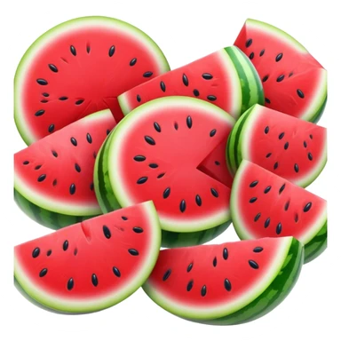 Cinematic juicy watermelon, thick slices revealing vibrant red interior, glossy and glistening with tiny black seeds, fresh and refreshing, soft glowing background, summer vibes. sticker