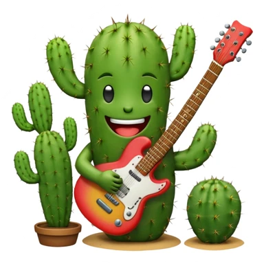cactus cartoon character playing guitar, big smile, emoji style sticker