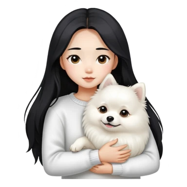 Asian girl with black middle-parted long hair wearing a white sweater hugging a white Pomeranian dog sticker