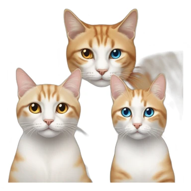 three cats sitting together, one lynx siamese cat with blue eyes, one orange and white tabby cat with yellow eyes, one orange cat with orange eyes sticker
