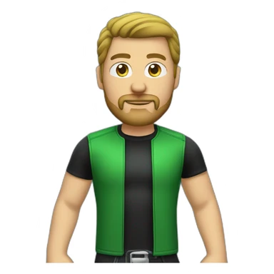 round headed white male biker wearing black and green with bottom goatee sticker