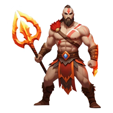 An icon showing a powerful warrior wielding a weapon, inspired by God of War: Ragnarok. The design captures the character’s strength, with dynamic motion lines. A fiery, mythological background with mountains and ruins enhances the epic atmosphere. Transparent background. sticker