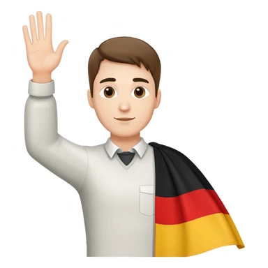 Man with raised hand and German flag sticker