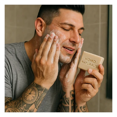 Create a realistic image of a man washing his face with a soap called 'Homo Naturalis'. The man's face and appearance should closely resemble the person in the reference photo. Show the soap with the name clearly visible. The tone should be natural and positive. sticker