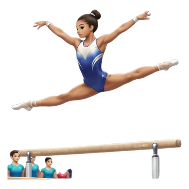 An acrobat performing a dynamic move on the balance beam, rings, or parallel bars, showcasing strength and precision. The acrobat is in mid-action, gracefully balanced, with a focused expression. The background features a professional gymnastics gym with bright lights and a cheering crowd sticker