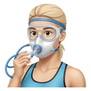 Athlete wearing VO2 max testing mask covering nose and mouth, with tubing connected to measurement equipment sticker