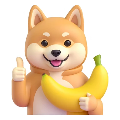 shiba inu showing thumb up and having banana sticker