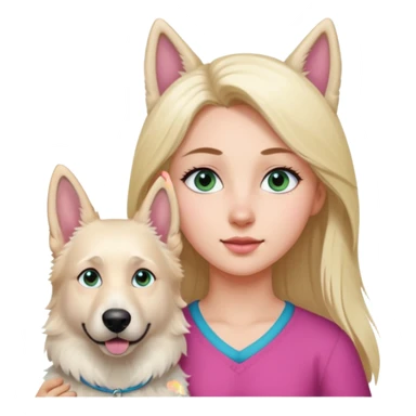 White European young woman with blue-green eyes and long blond hair with her white German Shepherd dog,the Dog hast a pink nose and short fur  and Brown eyes sticker