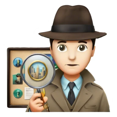 A colorful collage featuring iconic detective elements—magnifying glass, a fedora hat, a cigarette, a shadowy figure, and a mysterious city backdrop, a board with photos of suspects. Include subtle clues like fingerprints or a crime scene. Retro movie poster style. Transparent background. sticker