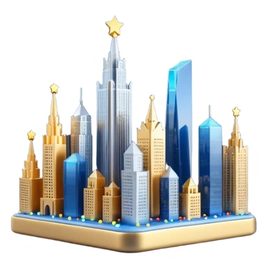 3D emoji of Moscow City business district skyline. A cluster of stylized skyscrapers with different shapes (gold, blue, silver). Decorated with tiny glowing Christmas lights. Soft 3D render, clay and glass textures, Apple aesthetic, isolated on a white background. sticker