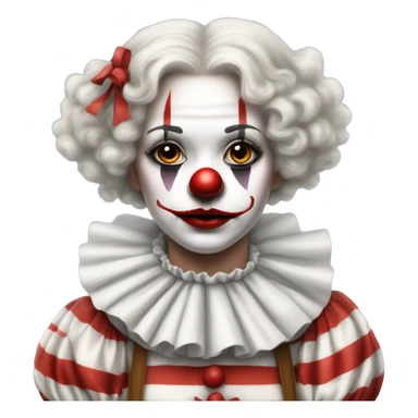 Really Sad Old fashioned girl clown in fluffy collar with clown makeup in a white and red striped clown outfit  sticker