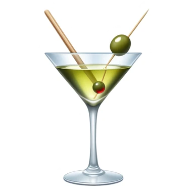 martini glass with crystal clear transparent liquid and an olive at the bottom skewered by a toothpick sticker