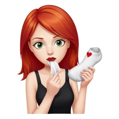 a woman with red hair and red eyes sniffing a white sock. The woman wear a black  dress sticker