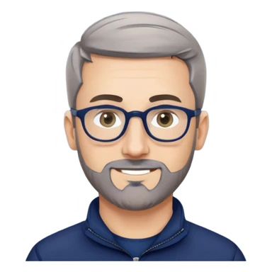 Caucasian man with oval face, hair cut extremely short and tight to head (military style), short beard with gray streaks, large black eyeglasses, cheerful expression, wide body type, navy blue long sleeve sweatshirt with quarter zip sticker