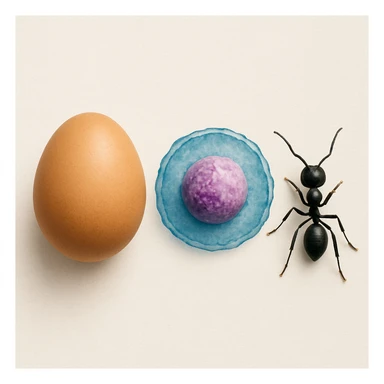 an egg next to a biological cell, both to the left of an ant sticker