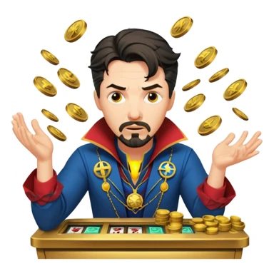 disheveled Doctor Strange losing money at a slot machine, panicked face, coins flying sticker