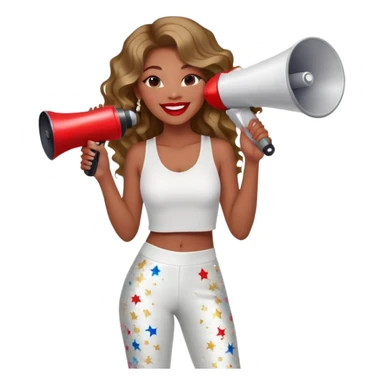 A confident young woman with long wavy hair and bold red lipstick smiles brightly. She wears a white “Liv Laugh Love” crop top, sparkly pants, and accessories, holding a red megaphone with colorful stars bursting out. sticker