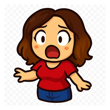 Sticker style chibi emote, matching the attached green heart emote as a base, but with a slightly skinnier body and a bigger chest. Woman from reference, red blouse and blue jeans, surprised/shocked, cute surprised face, no headband, no wand, transparent background. Top color should not match jeans. sticker