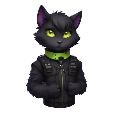 Gorgeous furry gothic dark techwear anime style anthro black cat furry sona Fakemon with blushing face yellow-green eyes aesthetic and pretty edgy black with violet collar and harness trending style sticker