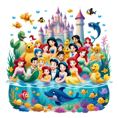 Icon for Animated Characters: A colorful, large-scale collage of beloved cartoon characters, including Franco, Mickey Mouse, Winnie-the-Pooh, Ariel the Little Mermaid, Jasmine and others. Bright and vibrant, full of whimsical charm. Transparent background. sticker