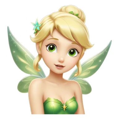 Cinematic Realistic Blonde Tinker Bell Fairy Portrait, head tilted playfully and inquisitively, showcasing a delicate pixie form with finely detailed, golden blonde hair and softly glowing, translucent wings that catch the light with a cascade of fairy dust. Her bright, curious eyes sparkle with mischief and wonder, rendered with lifelike clarity and warm, gentle lighting that captures the essence of a spirited, charming fairy ready to flutter playfully into your heart. sticker