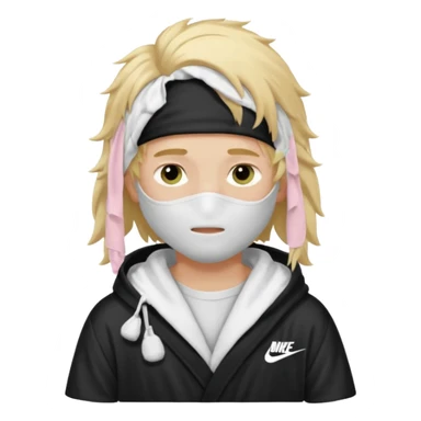Create a blond boy with long, messy hair, light eyes, a white t-shirt, rich, with long hair, blue eyes, medium-length, voluminous hair, wearing a black Nike bathrobe and a little blush near his nose. and with a balaclava sticker