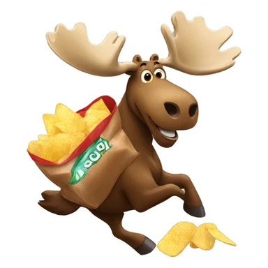 A moose running with a bag of chips and a bottle of coke sticker