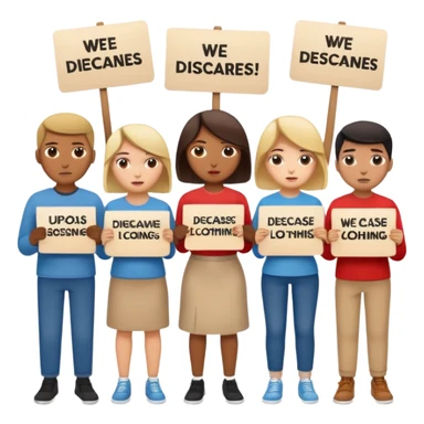 a crowd of people with unhappy faces and holding placards with the inscription: we disagree sticker