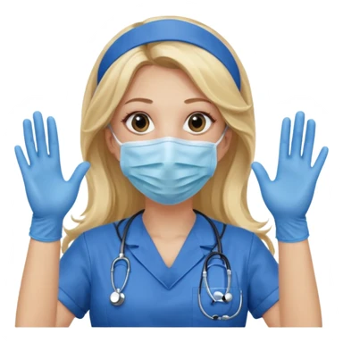 enfermera rubia con pelo largo sin nada en el pelo, con mascarilla y guantes azules las dos manos arriba sticker
