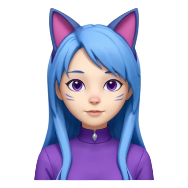 The image is a 3D rendering of a female character with long blue hair and cat ears on her head. She is wearing a purple outfit with a high neckline and long sleeves.  sticker