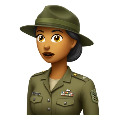 a female drill sergeant showing full torso wearing a classic sergeant hat and a camouflage army shirt. The character should have an angry intense expression.  sticker