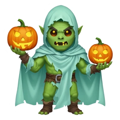 male orc warrior ghost emoji, green skin, wearing torn white ghost sheet costume, holding glowing jack-o'-lantern, faint blue aura, friendly but spooky expression, Halloween fantasy theme, Apple emoji style, clean white background, square sticker