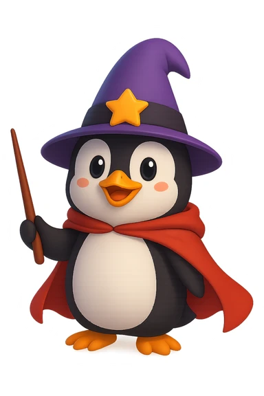 A penguin wizard with a pointy hat and a magic wand and a red cape with no background sticker