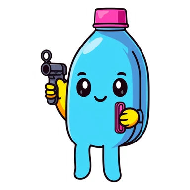 emoji face holding a water gun, bright colors sticker